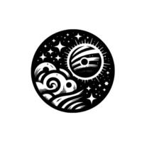 Celestial Roundel Abstract, stylized illustration featuring a planet encircled by cosmic rays, waves, and stars, evoking a dreamlike, ethereal atmosphere. vector