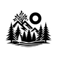 A Black and White Forest Scene Mountains, Trees, Sun, and a Leafy Silhouette, Illustrating Natures Simplicity. vector
