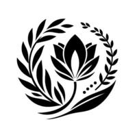 Stylized Black and White Floral A symmetrical emblem featuring a central lotus blossom encircled by stylized leaves and foliage, creating a balanced, decorative composition. vector