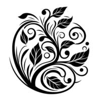 Elegant Black and White Floral Intricate Vine Motif in a Circular Composition with Swirls and Leaf Details. vector