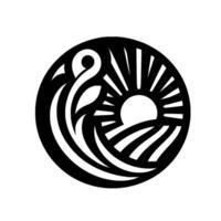 A symmetrical, stylized circular of a bird, sun, and landscape, rendered in black and white cutpaper style for use. vector