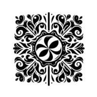 Symmetrical black and white featuring a central pinwheellike motif surrounded by ornate, floral and paisleyinspired symmetrical patterns. vector