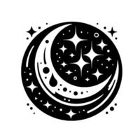 Stylized Celestial Silhouette Crescent Moon Enclosing a Starry Night, Black and White Circular . vector