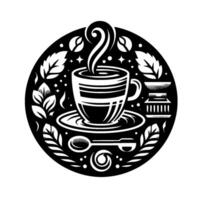 A stylized black and white emblem of coffee and herbal tea elements, arranged in a circular composition with leaf details. vector