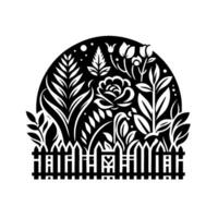 Stylized Black and White Floral Garden Composition Within a Semicircle, Enclosed by a Picket Fence, Featuring Roses and Various Plants. vector