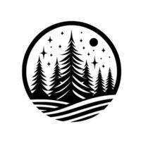 Silhouette of a pine forest under a starry night sky, encased within a black circular frame, creating a minimalist, monochrome . vector