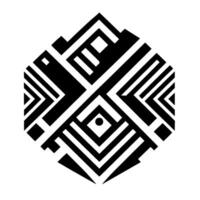 Geometric Monochrome Hexagon Abstract artwork of black and white lines and shapes, creating a symmetrical, mazelike pattern on white background with subtle shading. vector