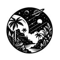 Black and white illustration within a circle showing a celestial scene tropical island, planets, stars, and landscape elements. vector