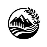 Black and White Minimalist Mountains, Pines, Landscape, and Laurel Wreath in a Circular Frame. vector