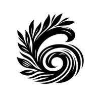 Black and white illustration of stylized, swirling floral , with a leafy element and spiral center. vector