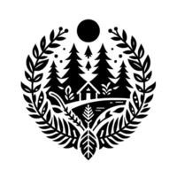 Black and white minimalist cabin scene within a laurel wreath, featuring forest, river, and sun. vector