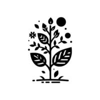 Minimalist Black and White Illustration of a Growing Plant with Stylized Leaves, Flower, and Floating Elements. vector
