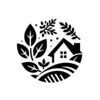 Circular Black and White Illustration of a House, Fields, and Foliage, Emphasizing Nature and Rural Living vector