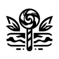Whimsical Black and White Lollipop with Swirling , Leaves, and Abstract Water Element, Isolated on White. vector
