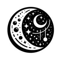 Celestial YinYang Black and White Illustration of Crescent Moons, Stars, and Dotted Ornaments in a Circular Composition. vector