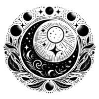 Intricate Black and White Celestial Mandala Depicting the Sun, Moon, Stars, Orbs and Botanical Elements in Circular Symmetry. vector