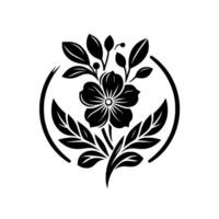 Elegant, symmetrical, and minimalist black floral , with a flower, leaves, and buds inside a circle, on a white background. vector