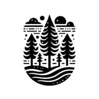 Minimalist Black White Illustration Forest scene with stylized trees, rolling hills, clouds, and celestial bodies inside an oval frame. vector