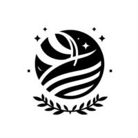 Abstract Black White Globe with Laurel, Stars Minimalist , Representing Earth or a Celestial Body. vector