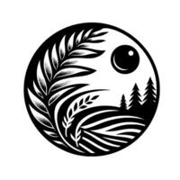 Monochrome Nature YinYang Leafy Plants, Rolling Hills, Evergreen Trees, Sun, in a Circular Composition. vector