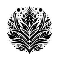 Symmetrical Black and White Floral Mandala with Geometric Elements, Dots, and Leafy Patterns. vector