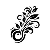 Elegant black floral featuring stylized leaves, curls, and dots on a clean white background, reminiscent of a tattoo or decorative emblem. vector