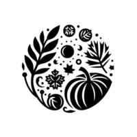 Monochromatic Autumnal Circle Composition Pumpkin, Leaves, Berries, and Ornaments in a Black and White . vector