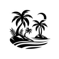 Silhouette of Tropical Islands with Palm Trees, Crescent Moon, and Flowing Waves, a Coastal Paradise Scene. vector