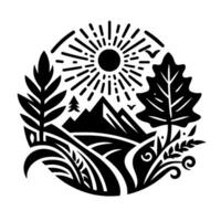 Stylized monochrome nature emblem depicting a sunburst, mountain range, trees, fields, and a bird, set in a circular . vector