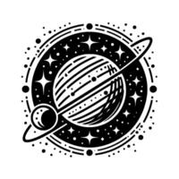 Minimalist Illustration of a Planet with Rings, a Moon, and a Starry Outer Ring, Black and White . vector