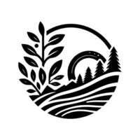 Black and white circular minimalist nature scene with leaves, trees, mountains, and a curved bridge, evoking tranquility. vector