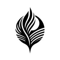 Abstract black and white illustration of a stylized feather motif within an orblike frame against a pristine white background. vector
