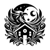 Black and white circular emblem featuring a house nestled beneath a phoenix with moon, stars and floral elements. vector