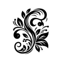 Elegant Black and White Floral Swirl with Leaves and Berries on a Clean White Background. vector