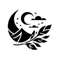 A monochrome, circular features a mountain, moon phases, clouds, and leafy branch, evoking a sense of natures serenity. vector