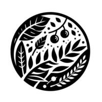 Stylized Black and White Circular Botanical Illustration Featuring Leaves, Berries, and Branches, Representing Nature. vector