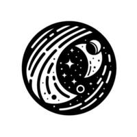 Abstract Cosmic Black and White Circle Featuring Planets, Stars, and Celestial Bodies in a Modern, Minimalist Style vector
