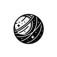 Intricate Black and White Space Illustration Celestial Sphere with Rings, Stars, and Dot Pattern, Isolated on White. vector