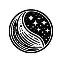 A minimalistic YinYang symbol in a circle, featuring a crescent moon and stars, illustrating balance and cosmic duality. vector