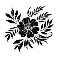Stylized Black Floral with Petals, Leaves, and Floral Elements in a Symmetrical, Minimalistic Composition on White Background. vector