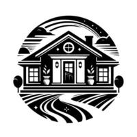 Black and white illustration of a house with stylized landscape, arched sky with clouds, stars, and a winding path. vector