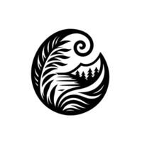 Black and White Intricate Circular Nature Scene with Swirl, Mountains, Trees, and Flowing Lines, in a CutPaper Style. vector
