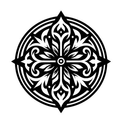 Intricate Monochrome Floral Mandala with Radial Symmetry, Decorative Flourishes and Geometric Elements on a White Background.
