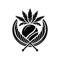 Black and White Crest Featuring a Spherical Object with FeatherLike Elements, Surrounded by Circular and Crossed Objects. vector
