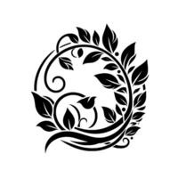 Ornate, symmetrical black floral with leaves, tendrils, and a circular arrangement on a white backdrop, evokes nature and elegance. vector
