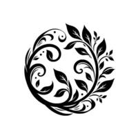 Black and white symmetrical floral resembling a circular wreath composed of stylized leaves, swirls, and dot accents against a clean white background. vector