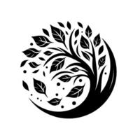 Black and white minimalist stylized tree illustration within a circle, featuring leaves and dots, evokes tranquility and nature. vector