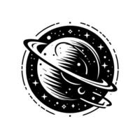 Stylized Black and White Cosmic Illustration A Ringed Planet Encircled by a Stellar Field, Isolated on White. vector
