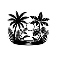A stylized black and white tropical scene featuring palm trees, lush foliage, two canine silhouettes, and a simplified sun element, creating an island vibe. vector