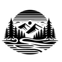 A stylized, black and white scenic illustration of a mountain range with a sun and pine trees, encapsulated within an oval frame. vector